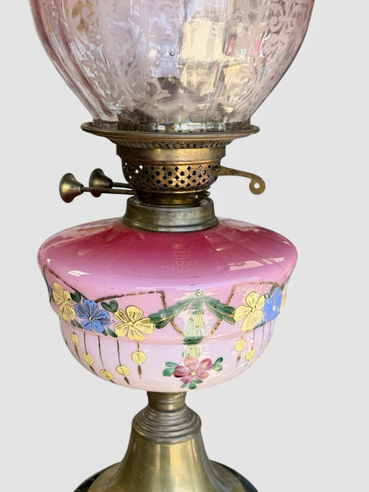 Antique Victorian Cranberry Glass Oil Lamp Hand Painted Font Shade