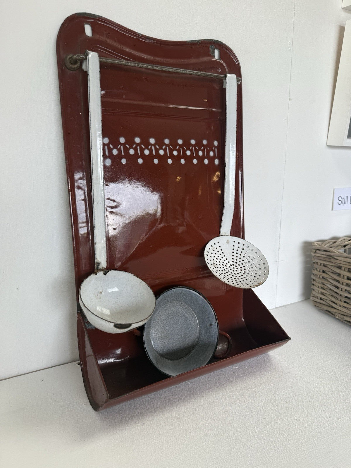 Set Vintage Wall Mounted French Enamel Utensil Holder Kitchenalia Cottage Style