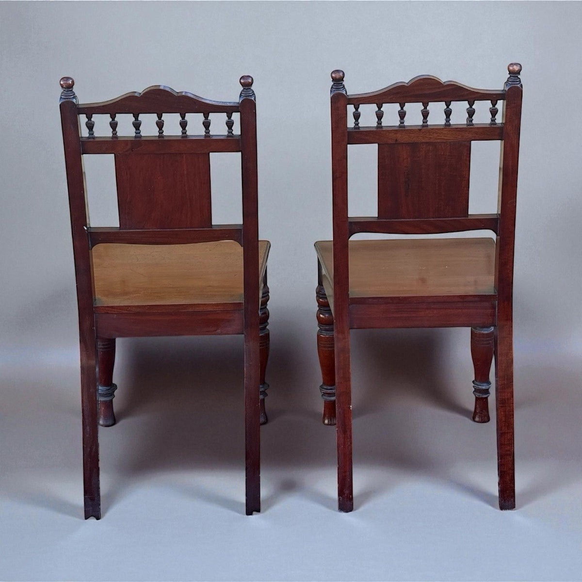 Pair Antique Victorian Mahogany Hall Chairs 19th Century Carved Wood Seating