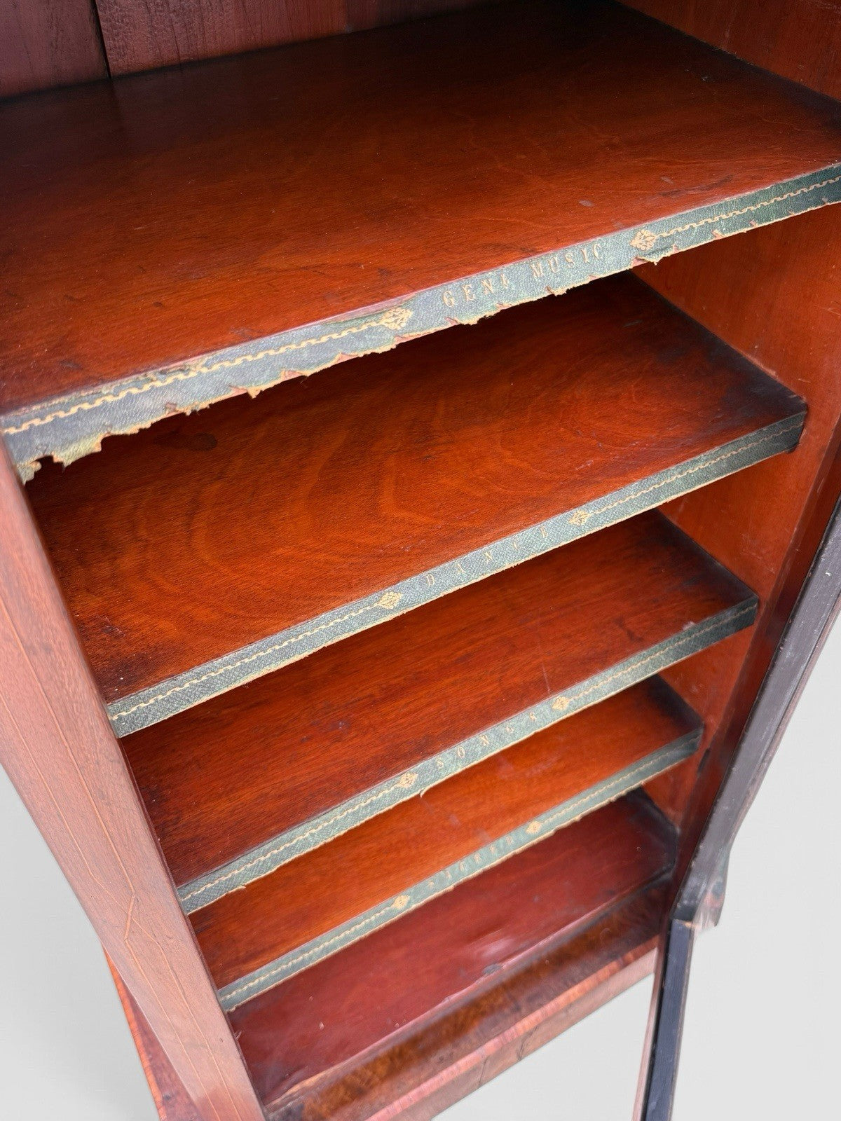 Antique Victorian Walnut Music Cabinet Glazed Door Inlaid Sheet Music Storage