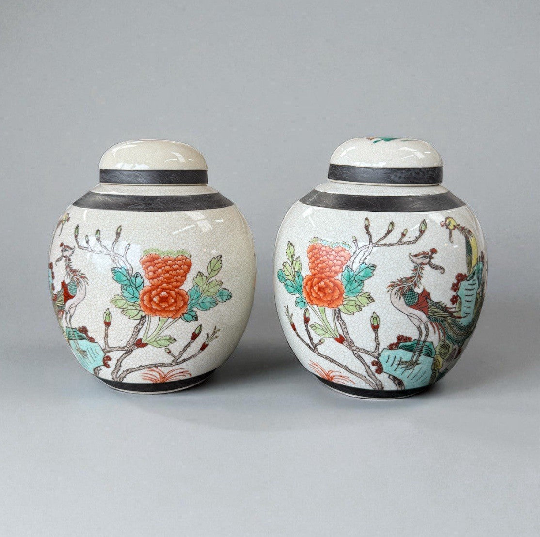 Pair Of Antique Peacock Ginger Jars 