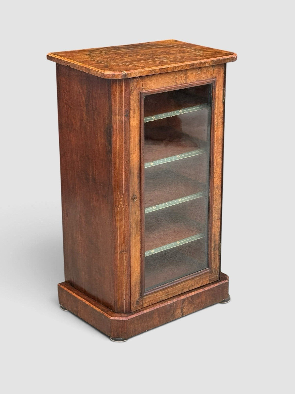 Antique Victorian Walnut Music Cabinet Glazed Door Inlaid Sheet Music Storage