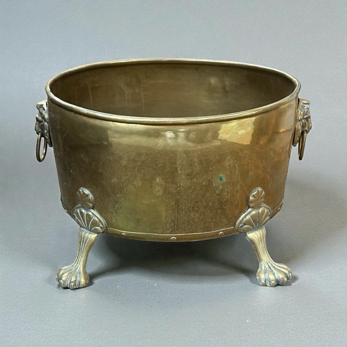 Antique Victorian Brass Log Bin With Lion Mask Handles And Paw Feet Fireplace