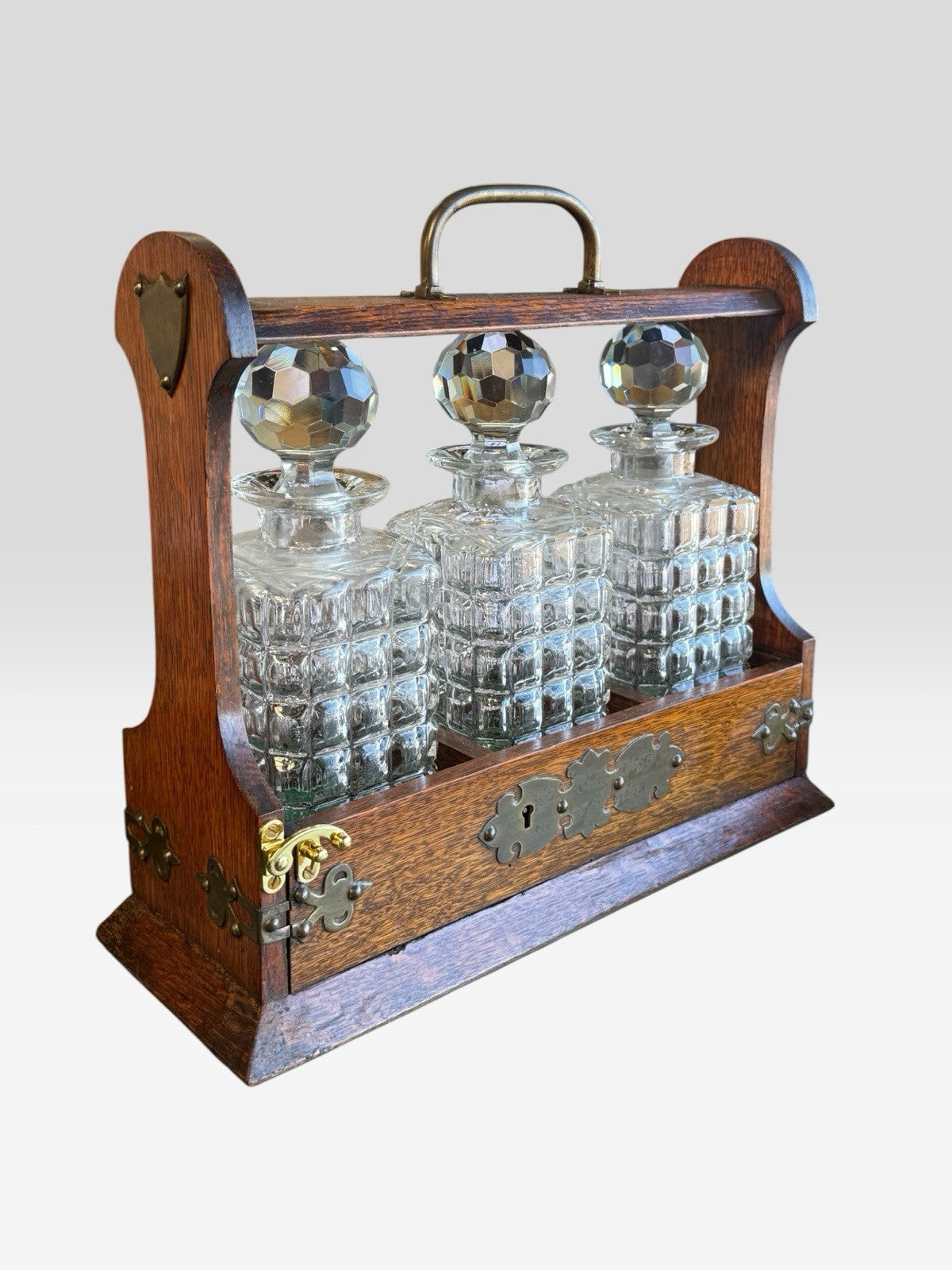 Antique Oak Tantalus Decanter Set Lockable Frame Vintage Whisky Liquor Stand