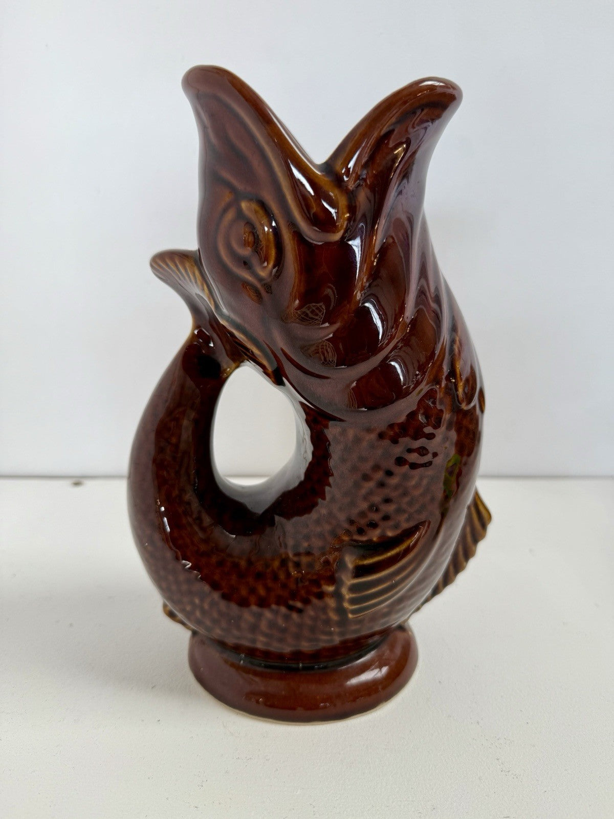 Fabulous Dartmouth Vintage Pottery Devon Brown Gluggle Jug Fish Pitcher Vase.