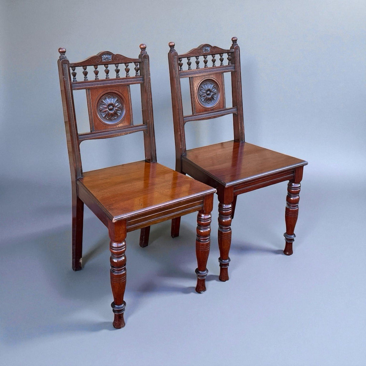 Pair Antique Victorian Mahogany Hall Chairs 19th Century Carved Wood Seating