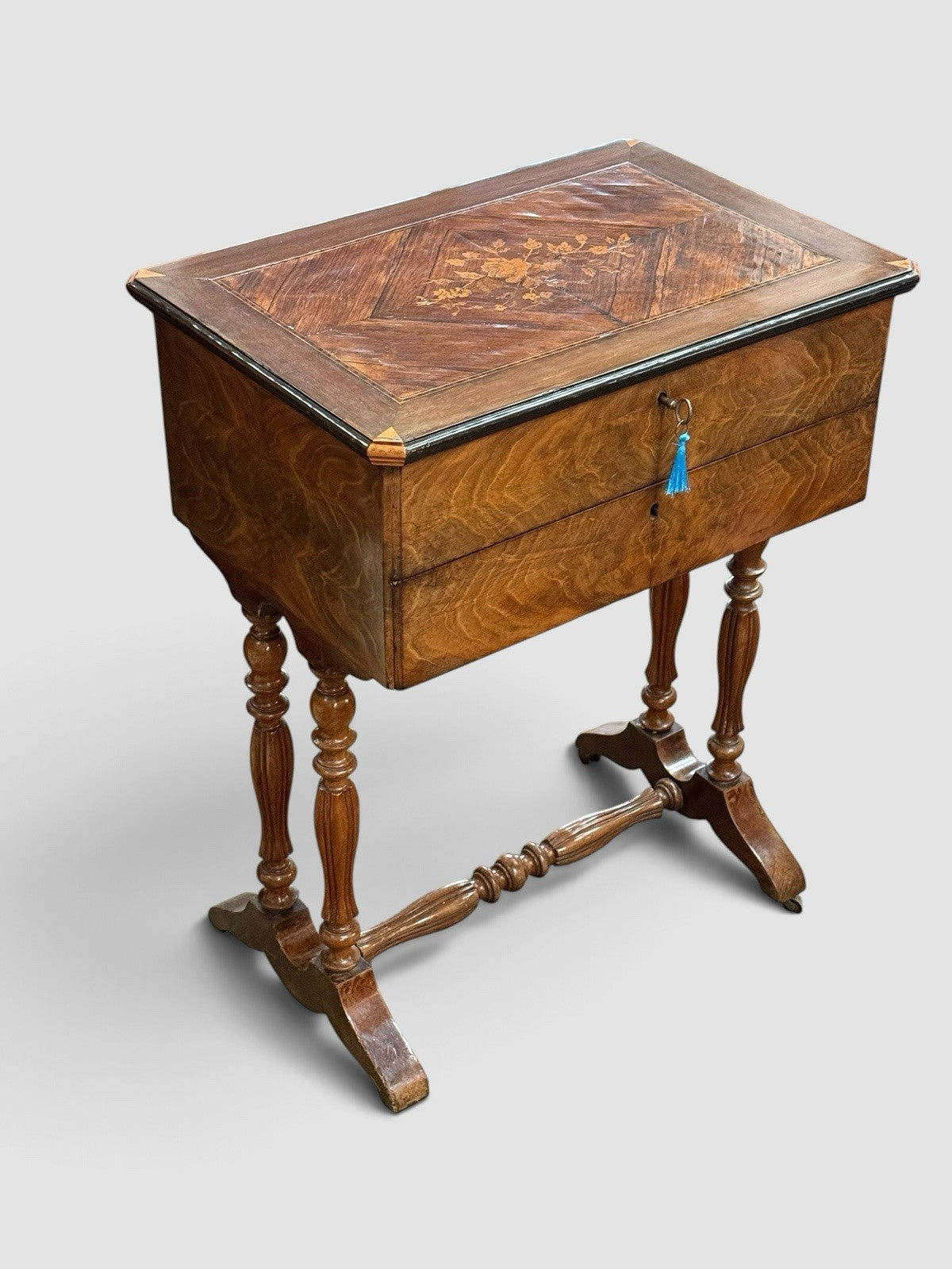 Antique Sewing Work Table Floral Marquetry Inlaid Top Turned Legs Side Table