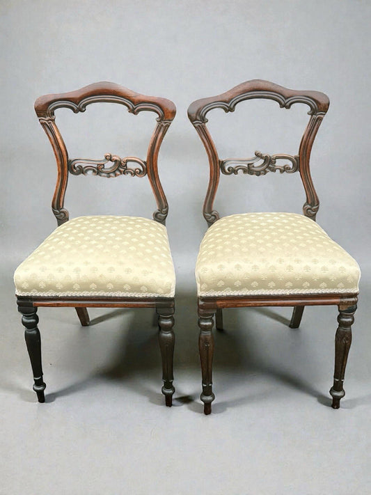 Pair Victorian Walnut Balloon Back Chairs Upholstered Antique Dining
