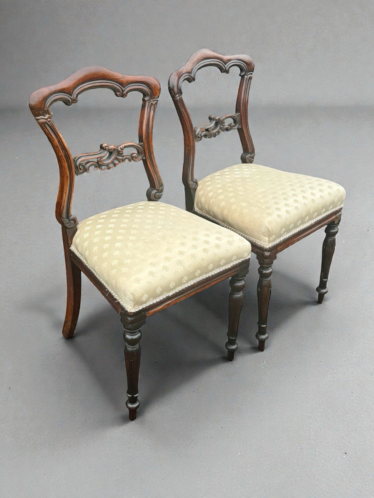 Pair Victorian Walnut Balloon Back Chairs Upholstered Antique Dining