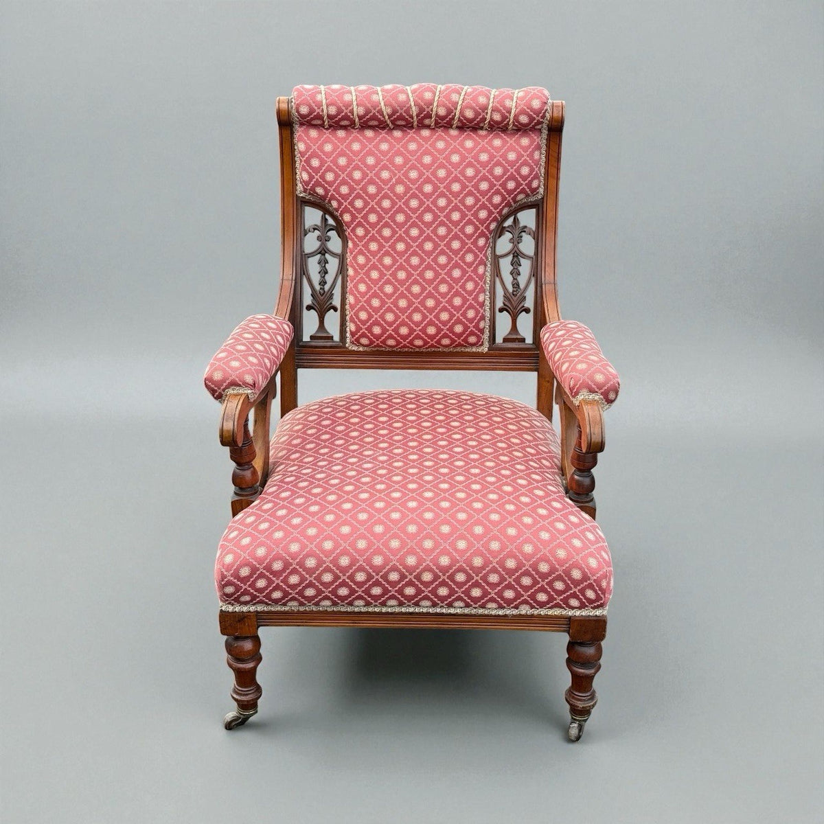 Antique Victorian 19th Century Carved Armchair Upholstered Lounge Chair