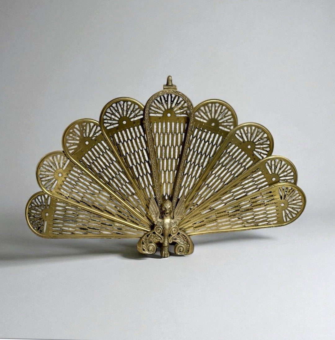 Vintage brass peacock fan fire screen 