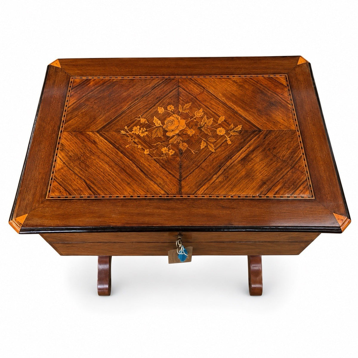 Antique Sewing Work Table Floral Marquetry Inlaid Top Turned Legs Side Table
