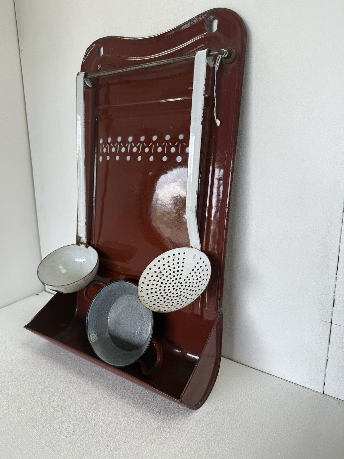 Set Vintage Wall Mounted French Enamel Utensil Holder Kitchenalia Cottage Style