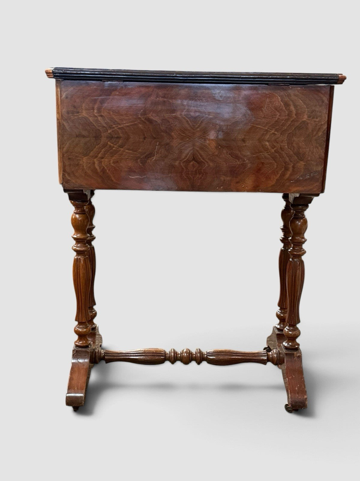 Antique Sewing Work Table Floral Marquetry Inlaid Top Turned Legs Side Table