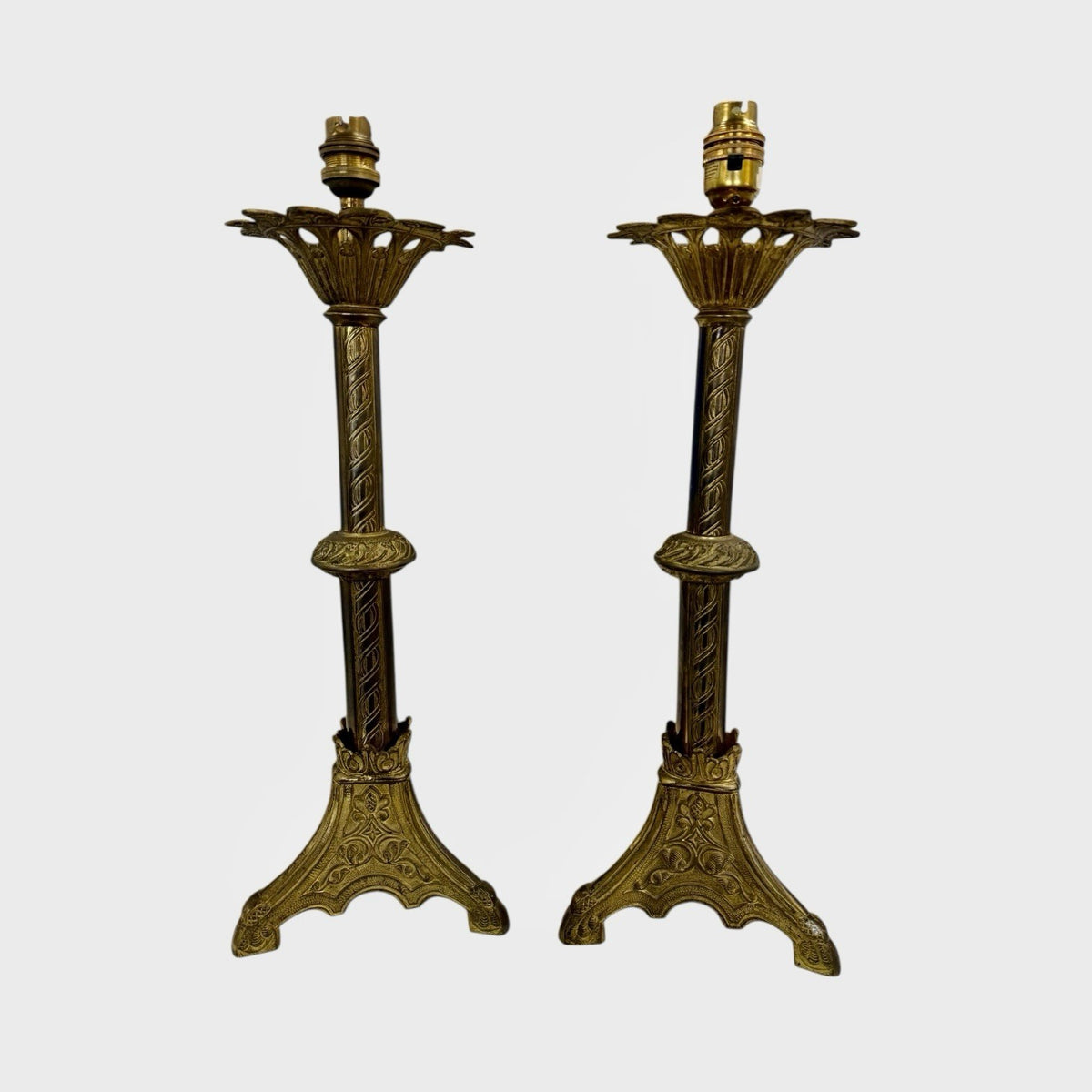 Pair of Vintage Column Table Lamps Classic Brass Style Bedside Lights