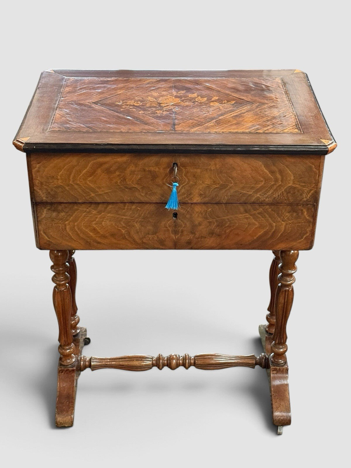 Antique Sewing Work Table Floral Marquetry Inlaid Top Turned Legs Side Table
