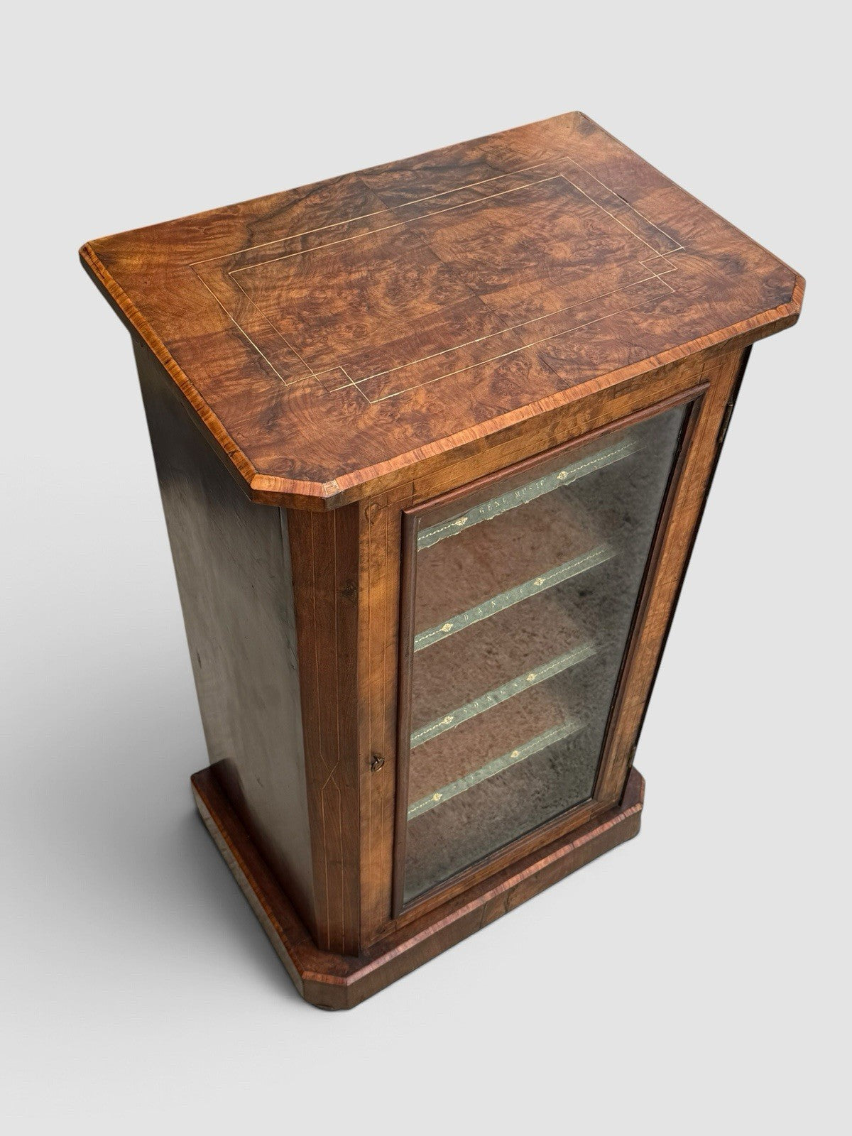 Antique Victorian Walnut Music Cabinet Glazed Door Inlaid Sheet Music Storage