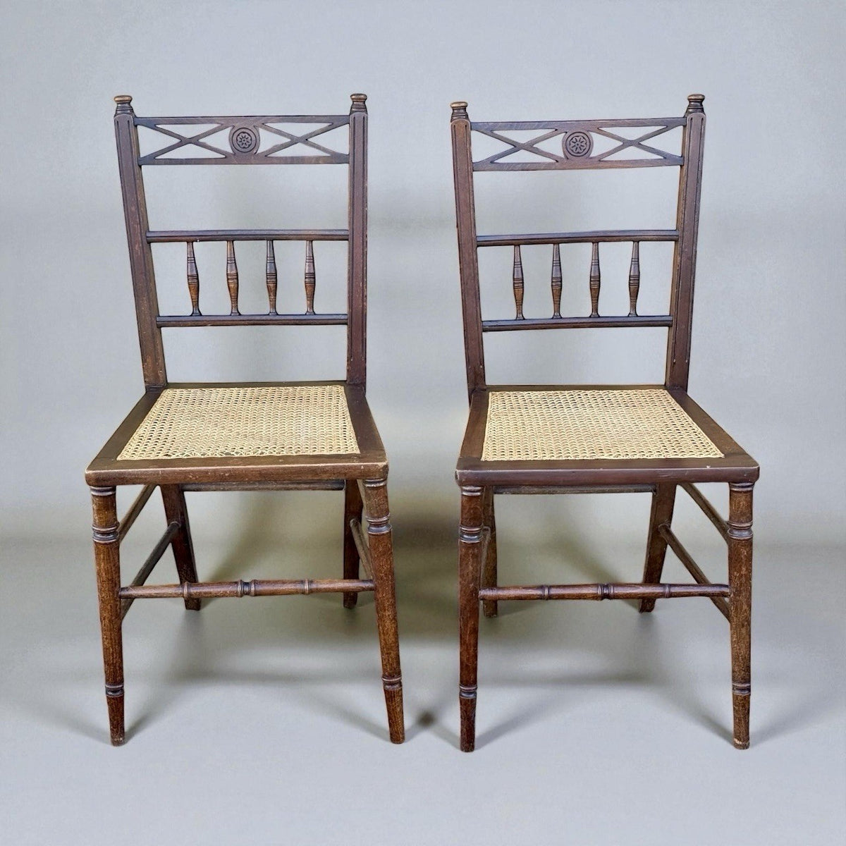 Pair Antique Victorian Cane Seat Chairs Spindle Back Farmhouse Wooden Dining