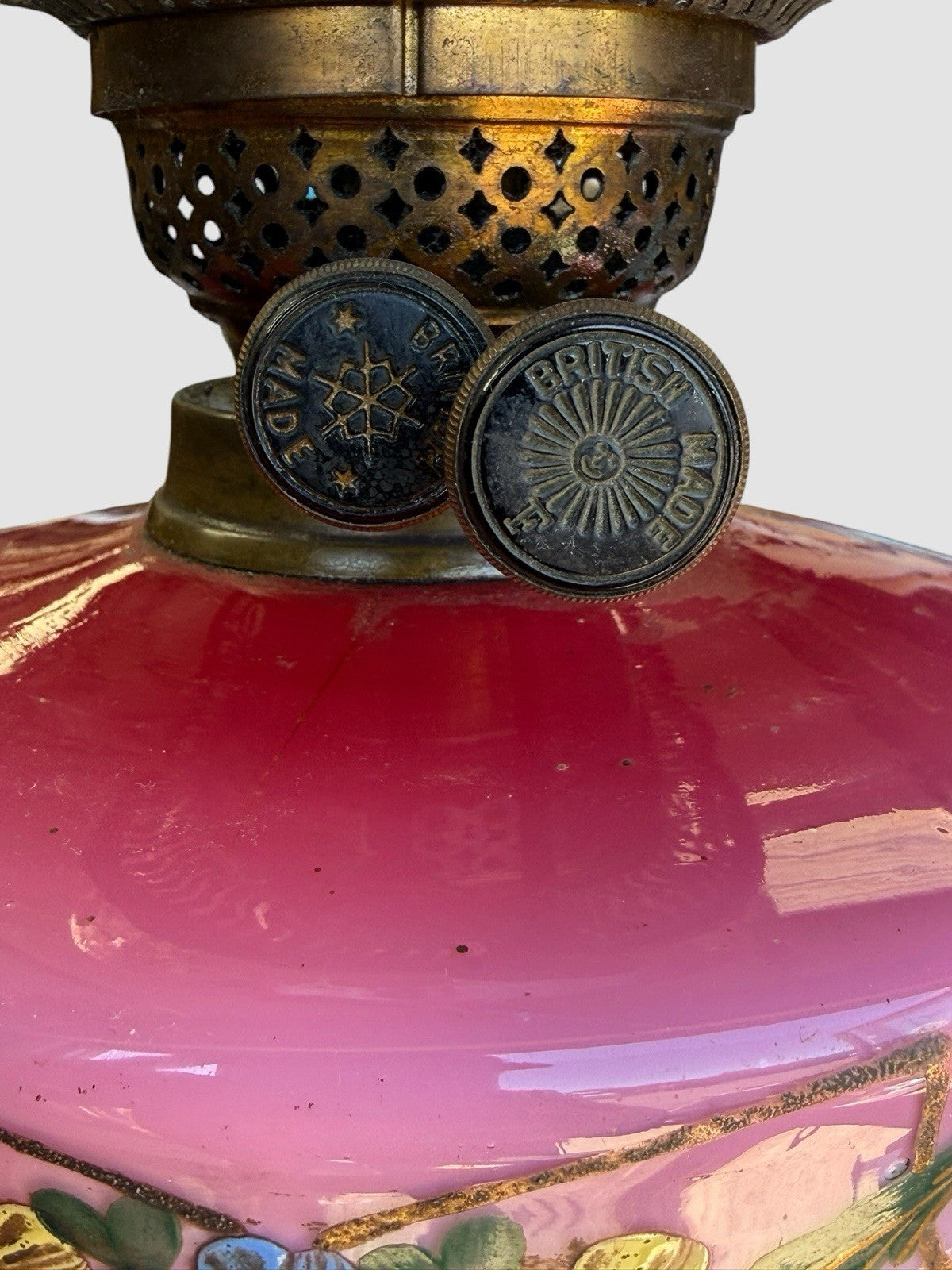 Antique Victorian Cranberry Glass Oil Lamp Hand Painted Font Shade 
