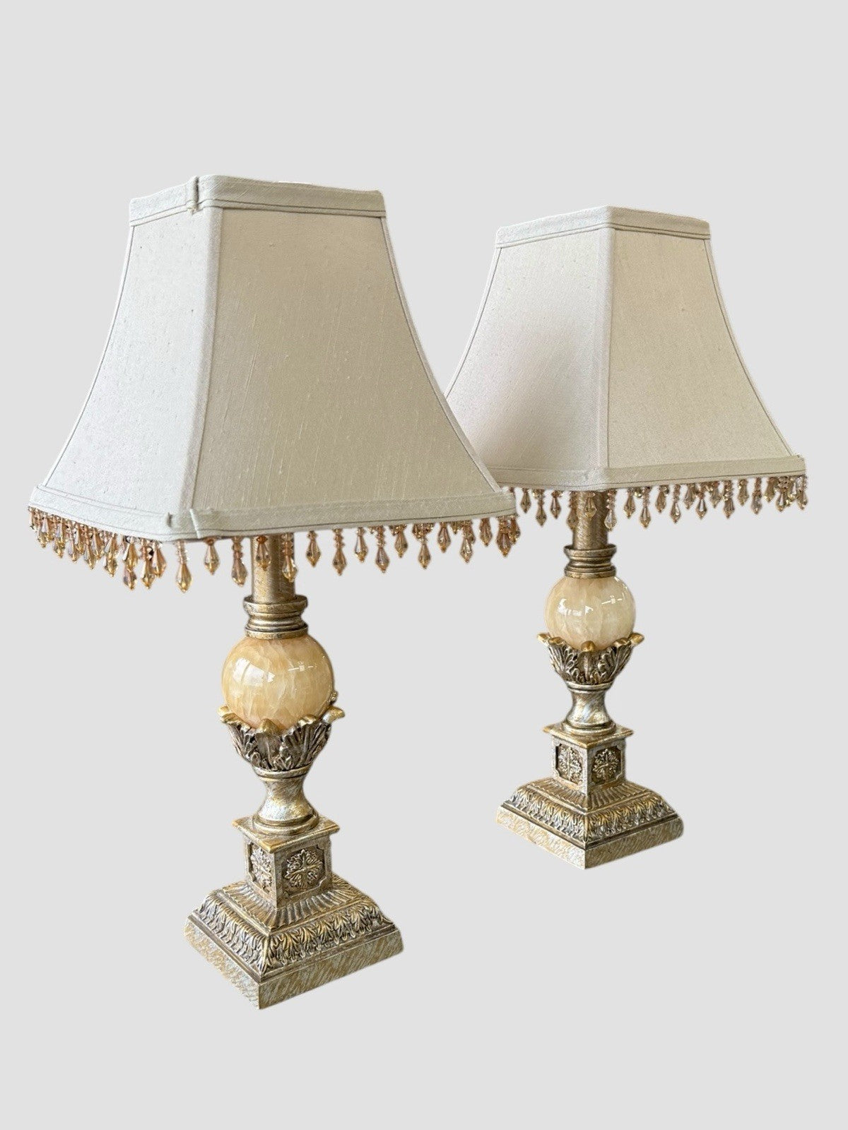 Vintage Neoclassical Table Lamps Pair Ornate Gold Effect with Shades