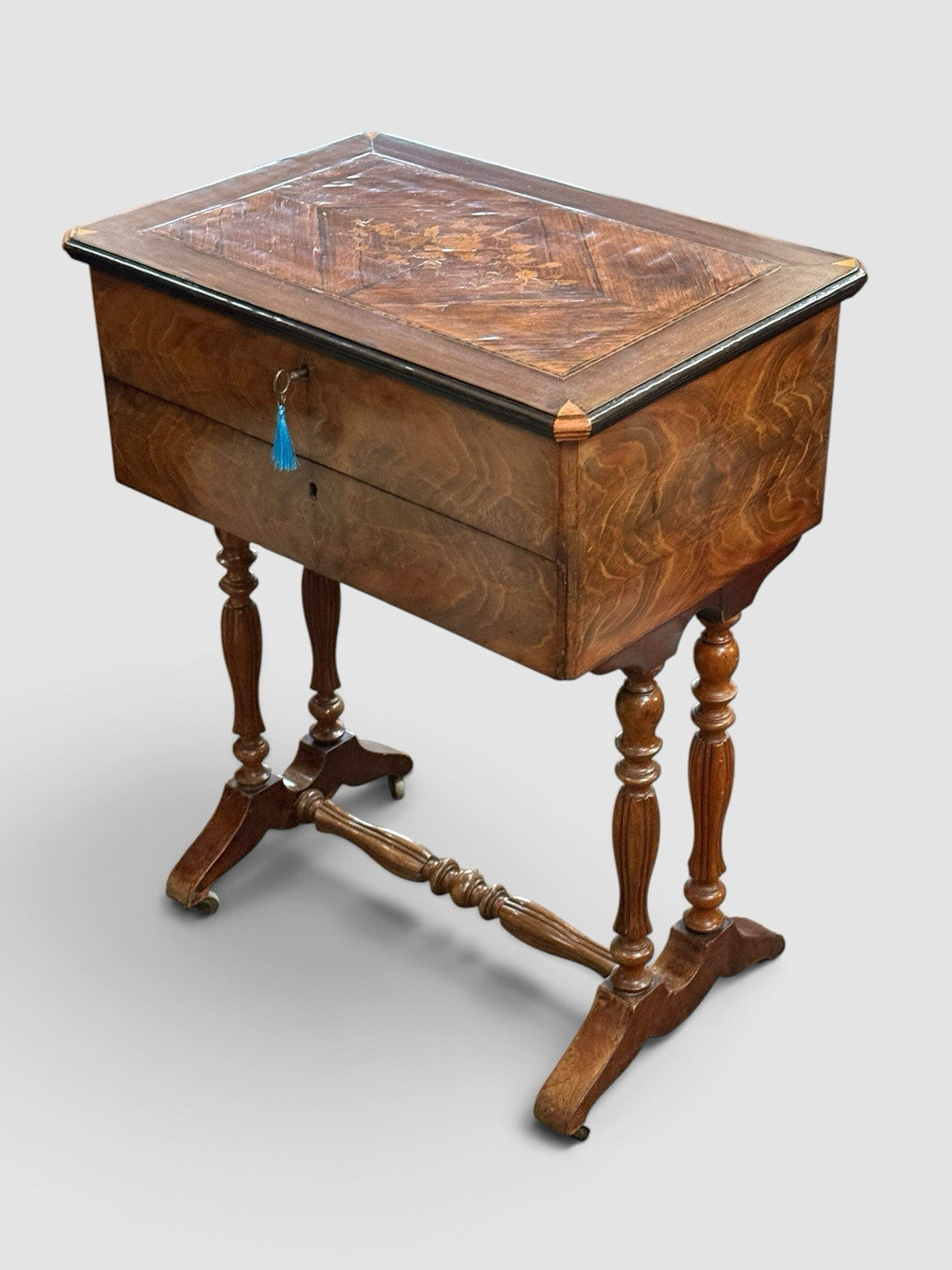 Antique Sewing Work Table Floral Marquetry Inlaid Top Turned Legs Side Table