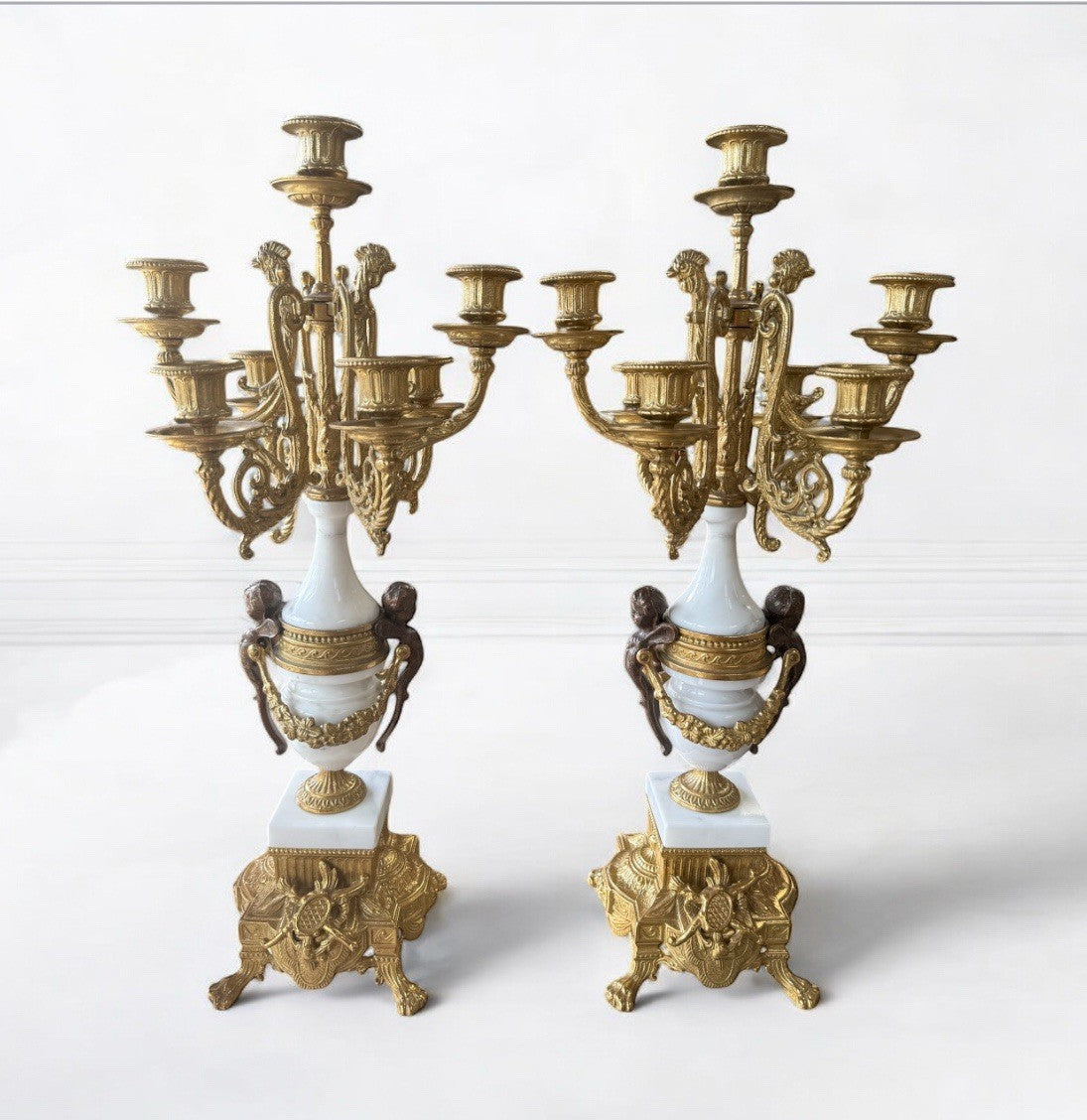 Vintage  Large Cast Bronze ,Marble Pair Of Italian Brevettato Candelabras