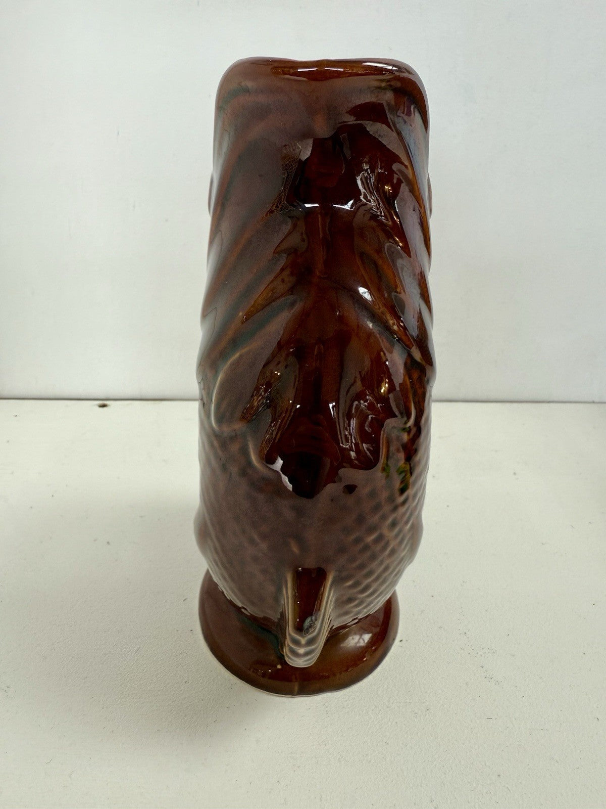 Fabulous Dartmouth Vintage Pottery Devon Brown Gluggle Jug Fish Pitcher Vase.