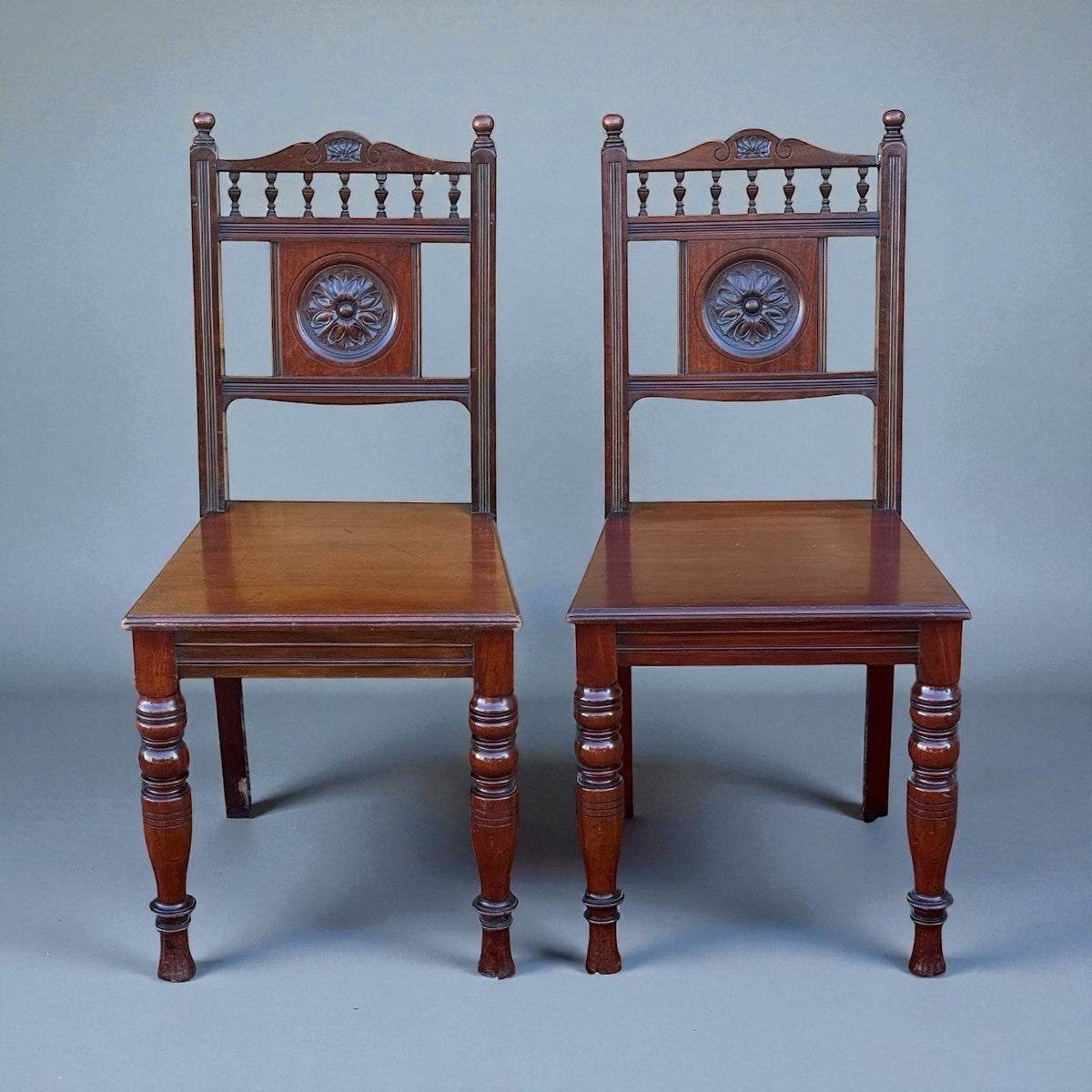 Pair Antique Victorian Mahogany Hall Chairs 19th Century Carved Wood Seating
