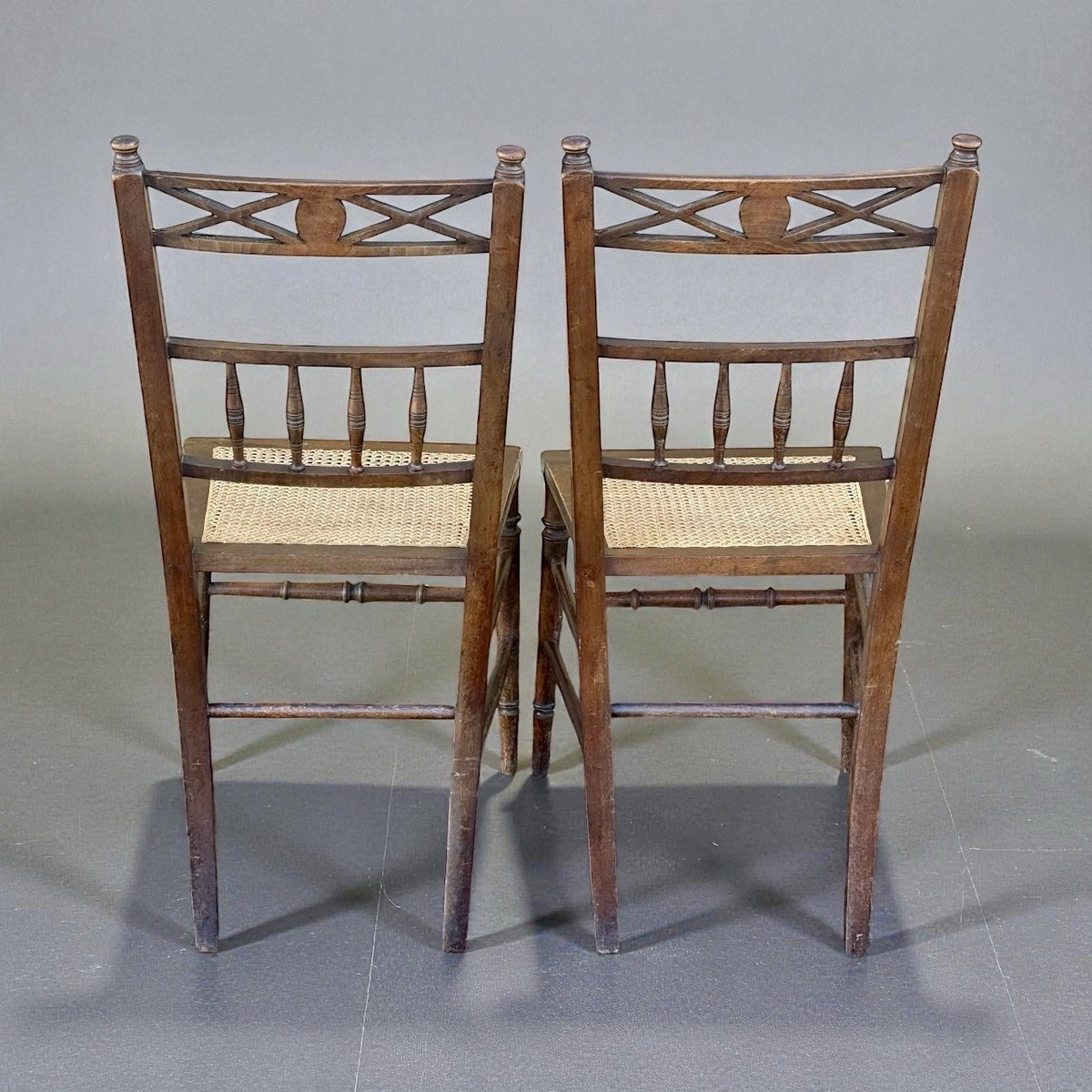 Pair Antique Victorian Cane Seat Chairs Spindle Back Farmhouse Wooden Dining