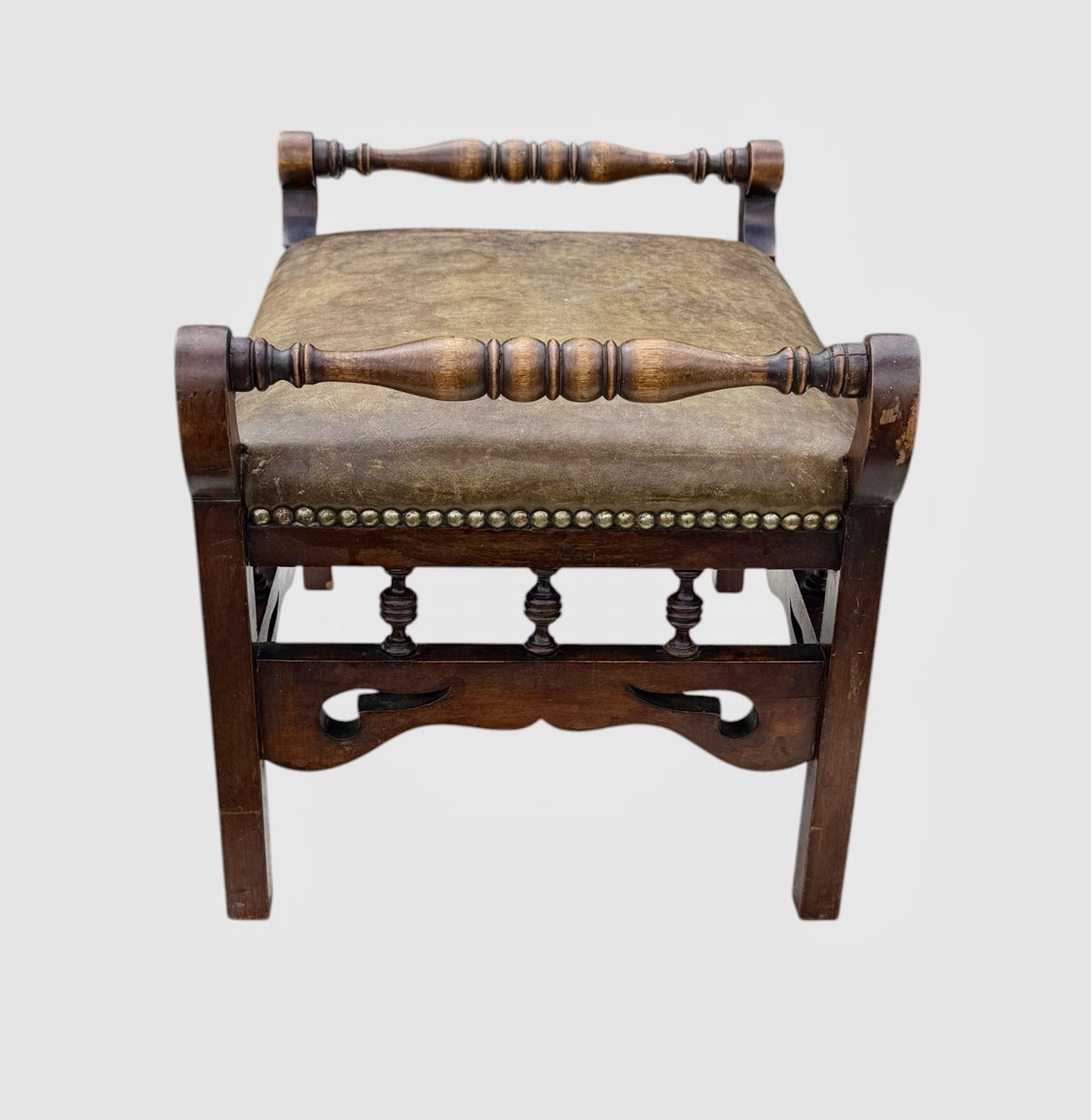 Antique Victorian Oak Stool Leather Upholstered Seat Vintage Footstool