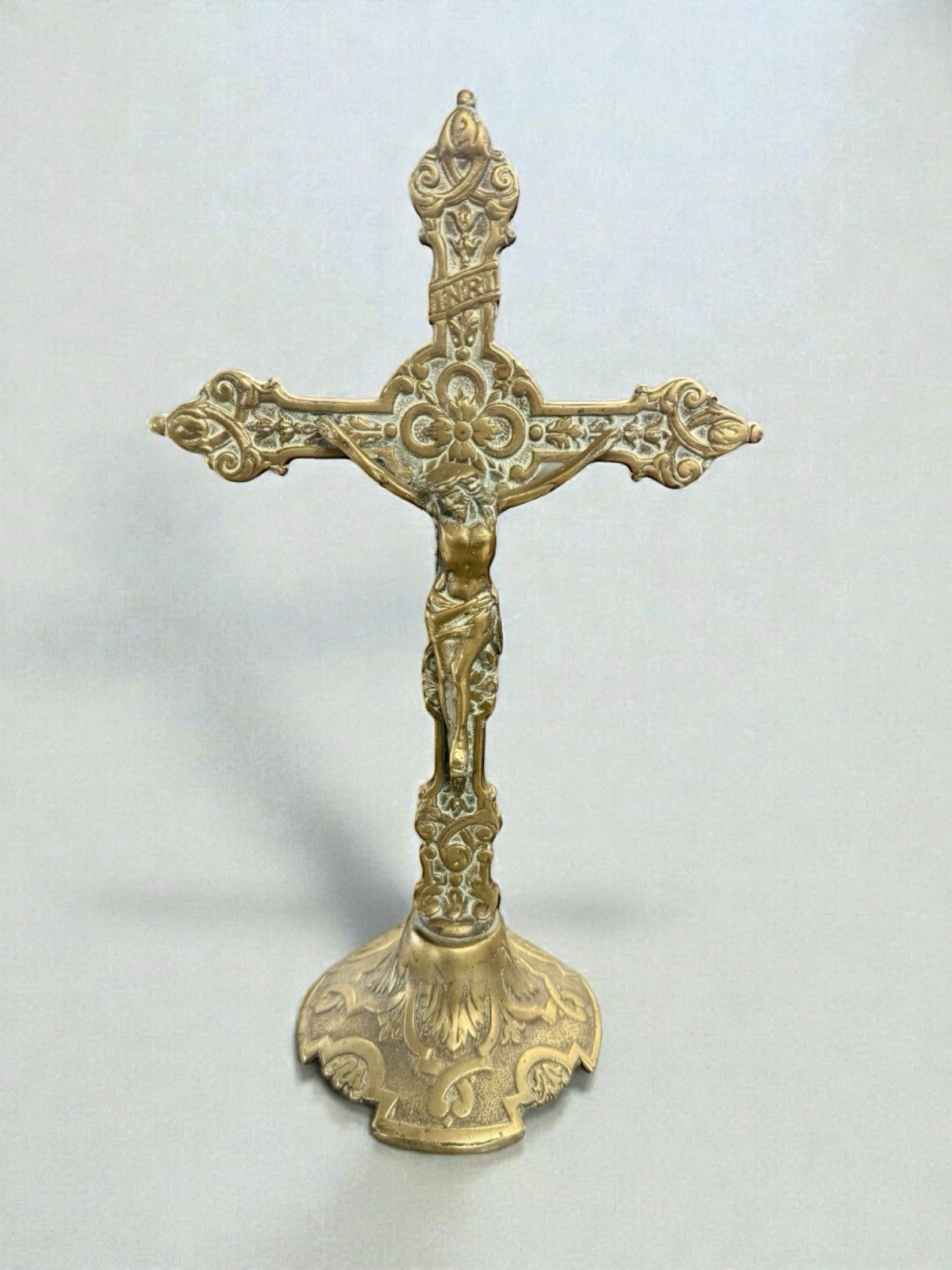 Antique Gothic Revival Brass Altar Crucifix Church Cross 19th Century