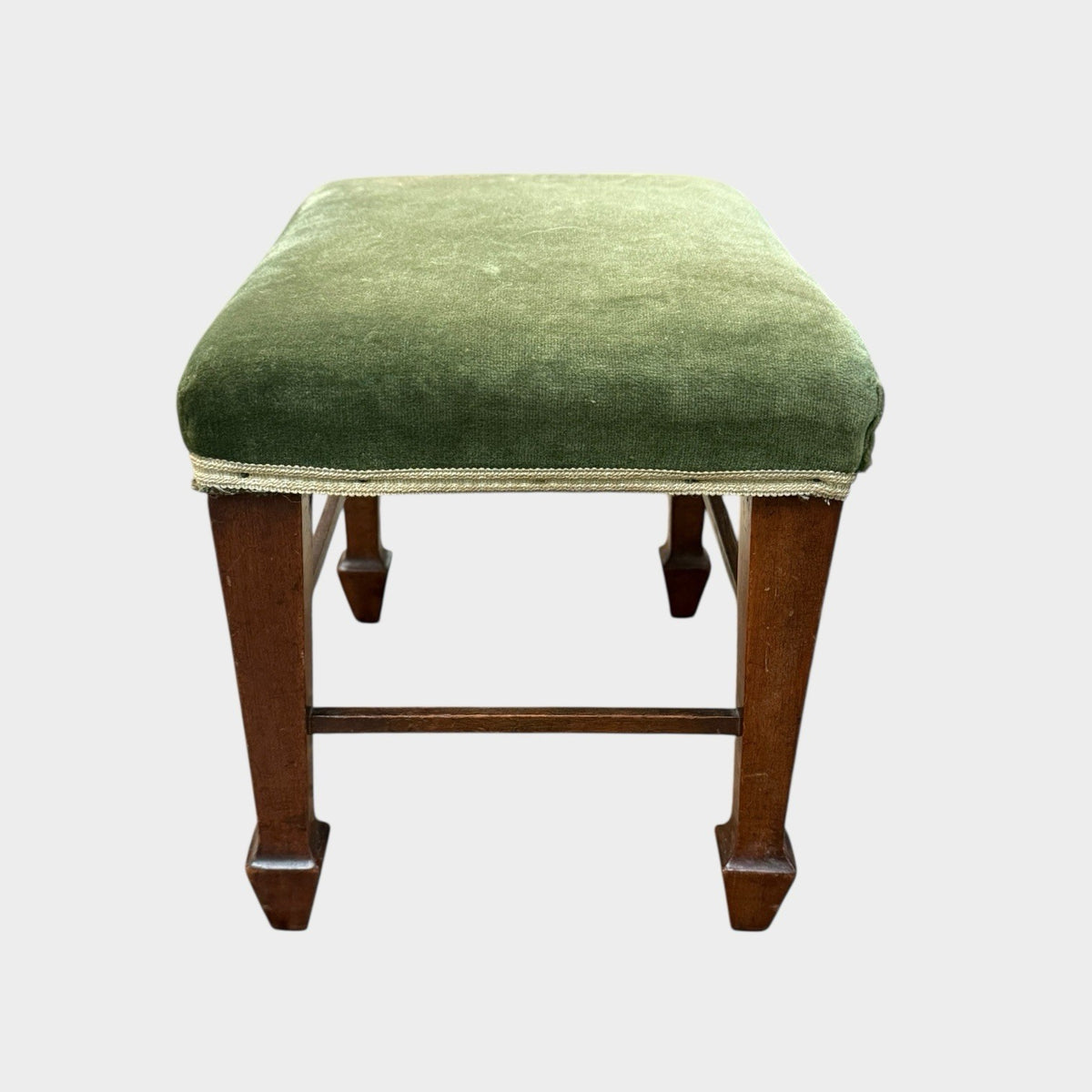 Antique Oak Upholstered Joint Stool Footstool Green Fabric Seat
