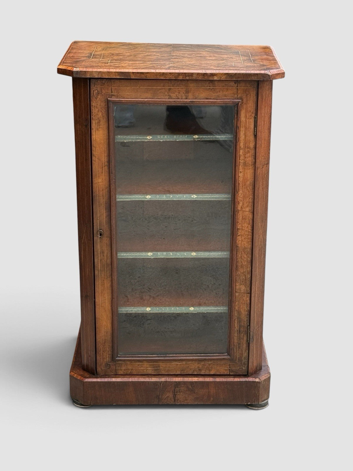 Antique Victorian Walnut Music Cabinet Glazed Door Inlaid Sheet Music Storage