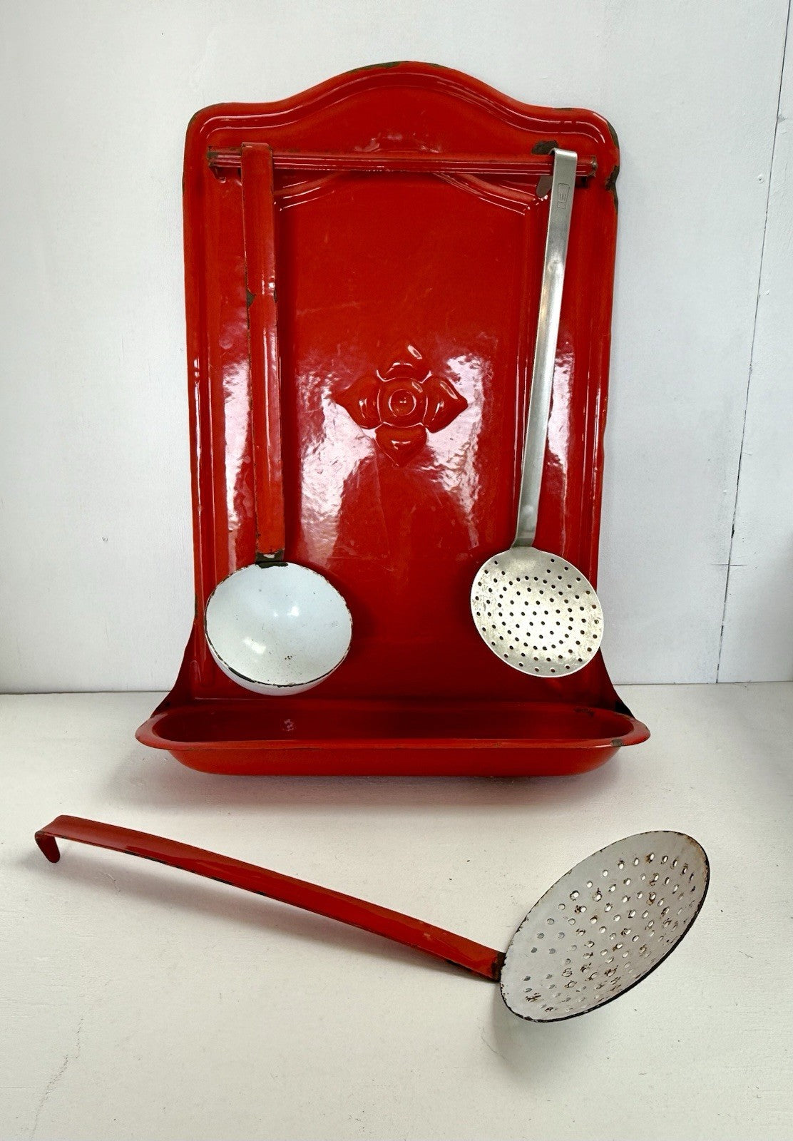 Set Vintage Wall Mounted French Enamel Utensil Holder Kitchenalia Cottage Style