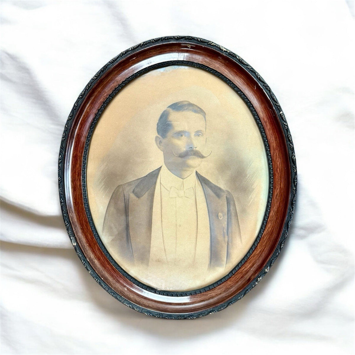 Antique Portrait Moustache Man Lithograph Wood Frame 1900's Edwardian